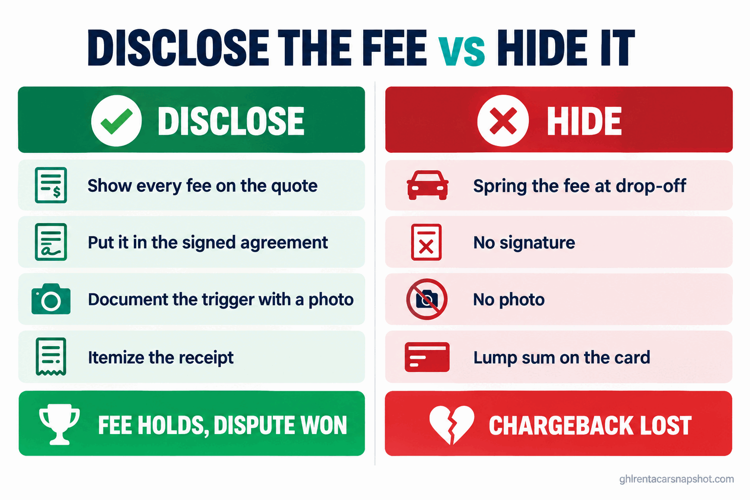 Do and don't comparison panel titled Disclose the Fee vs Hide It. The green Disclose column: show every fee on the quote, put it in the signed agreement, document the trigger with a photo, itemize the receipt, fee holds and dispute is won. The red Hide column: spring the fee at drop-off, no signature, no photo, lump sum on the card, chargeback filed and lost