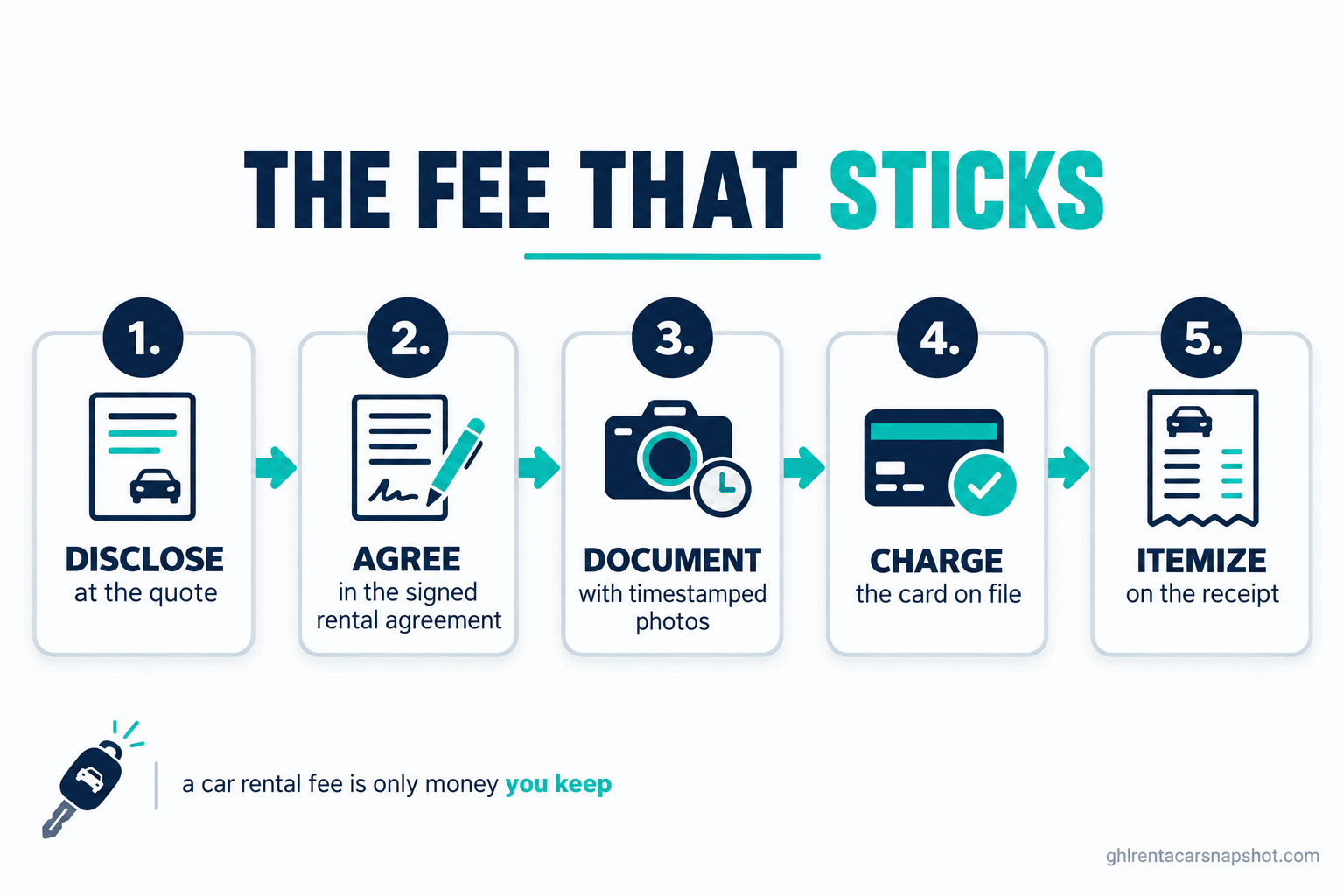 Numbered flow diagram titled The Fee That Sticks, showing five stages a car rental fee must pass through: 1 Disclose it at the quote, 2 Get it agreed in the signed rental agreement, 3 Document the moment it applies with timestamped photos, 4 Charge the card on file, 5 Itemize it on the receipt