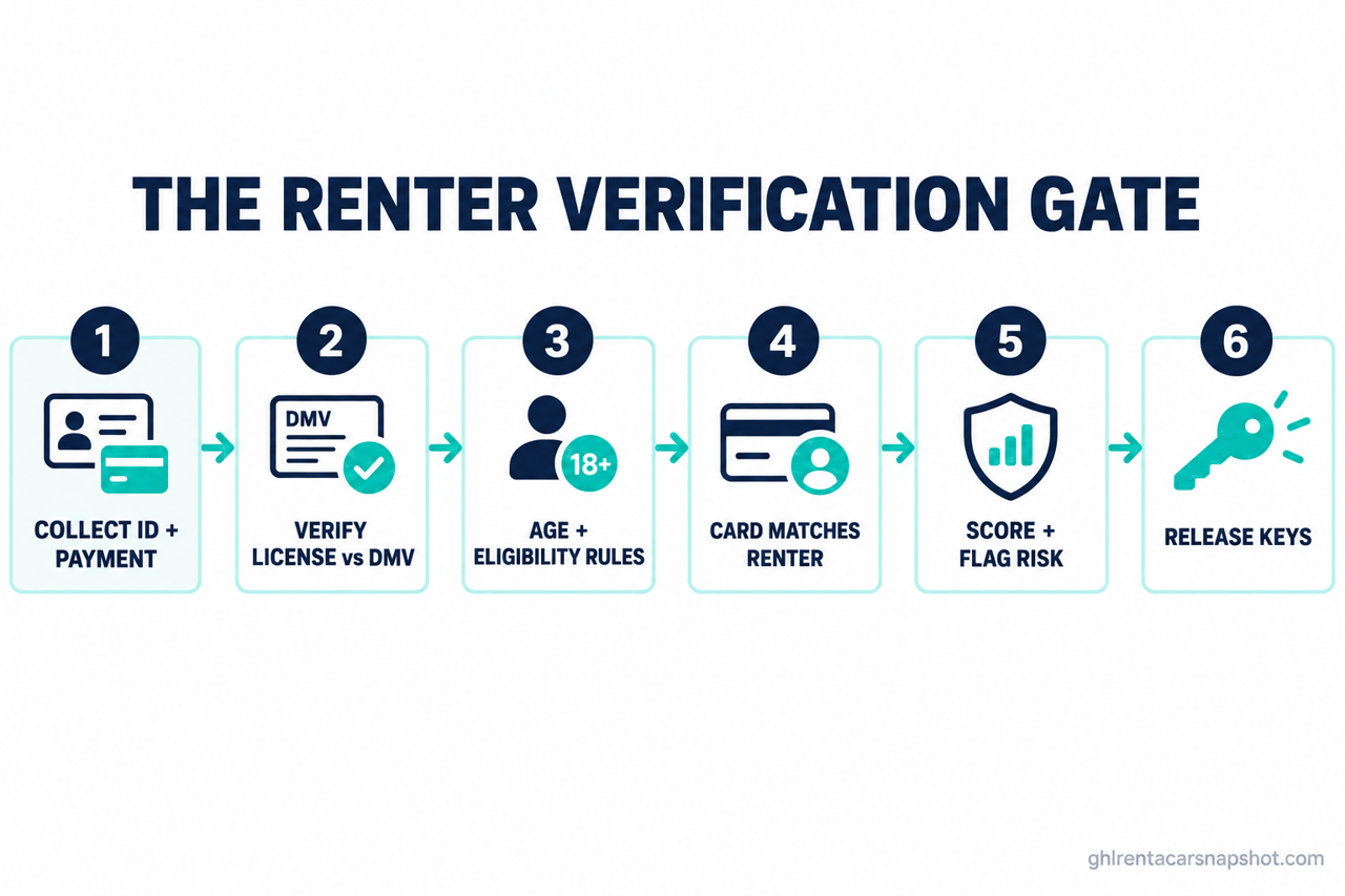 Numbered flow diagram titled The Renter Verification Gate showing six stages before keys are released: collect identity and payment at booking, verify the license against DMV data, enforce age and eligibility rules, verify the card matches the renter, score the booking for fraud risk, then release keys only when every check clears