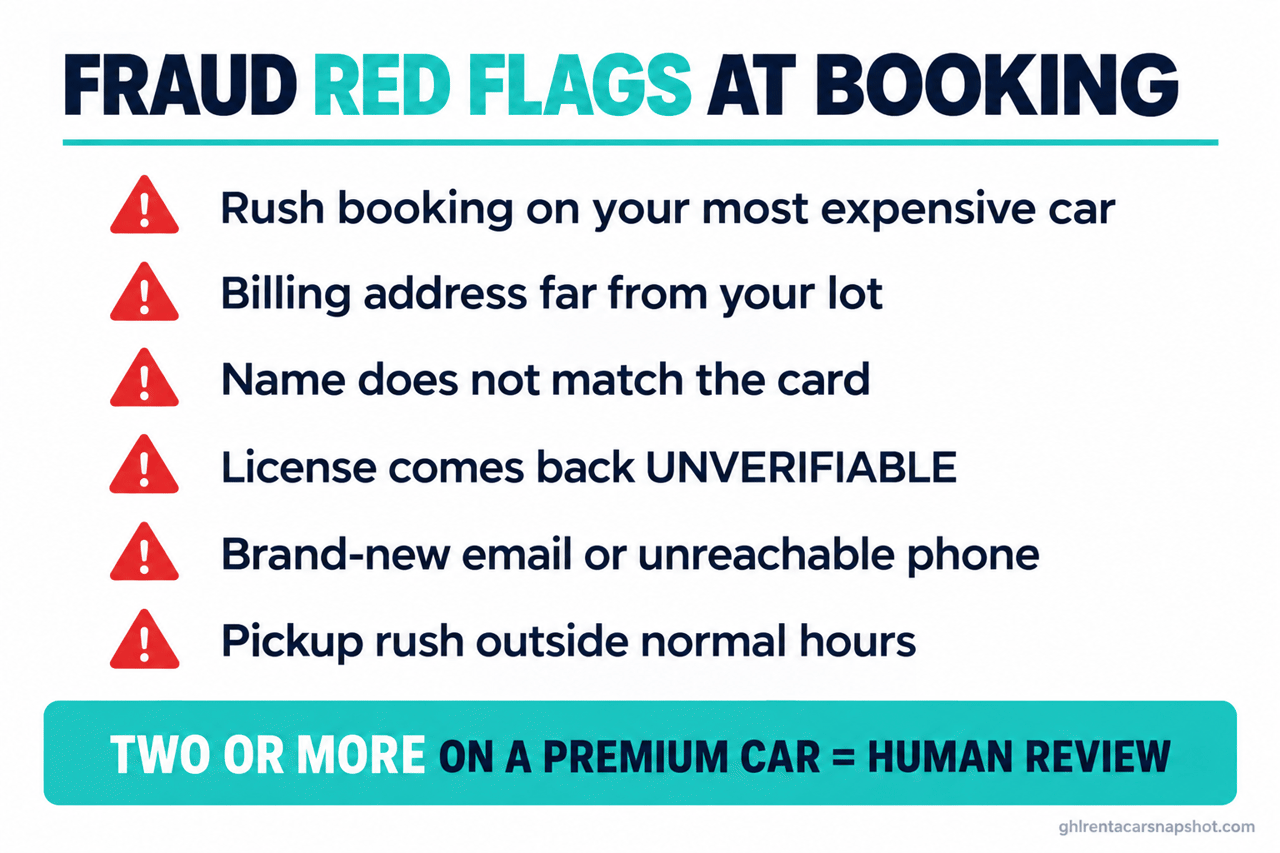 Infographic titled Fraud Red Flags at Booking listing six warning signs for car rental operators: a rush booking on your most expensive car, a billing address far from your lot, a name that does not match the card, a license that comes back unverifiable, a brand-new email or unreachable phone, and a pickup rush outside normal hours, with the rule that two or more on a premium car means human review
