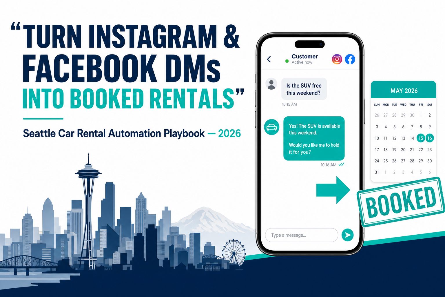 Title card reading 'Turn Instagram & Facebook DMs Into Booked Rentals — Seattle Car Rental Automation Playbook 2026', showing a phone with a DM converting into a calendar booking, in deep navy and teal brand colors