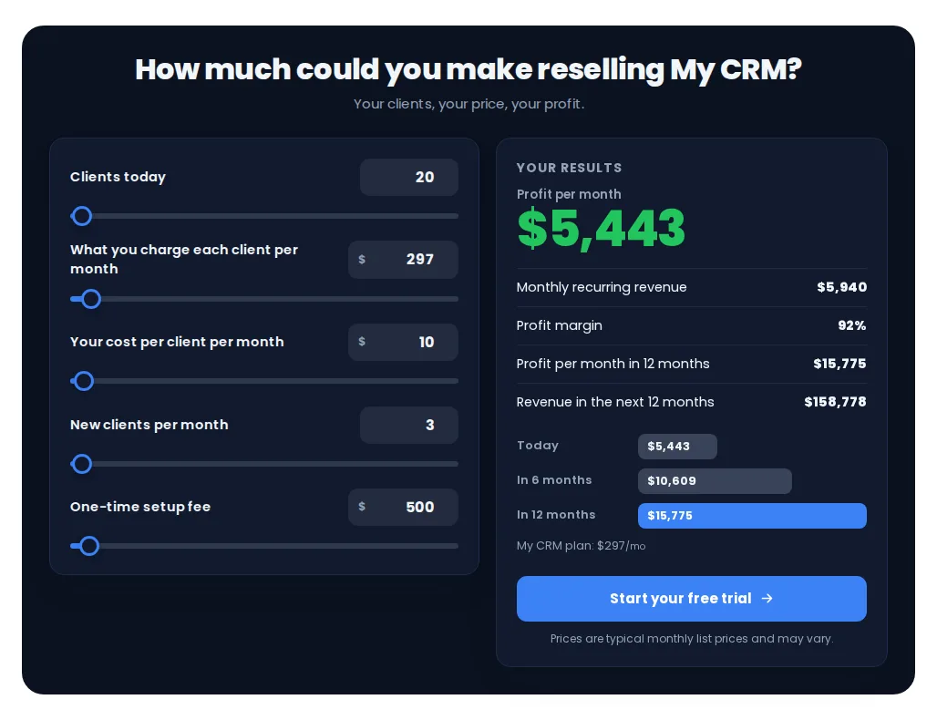 Dark split version of the reseller profit calculator with a results panel and call to action