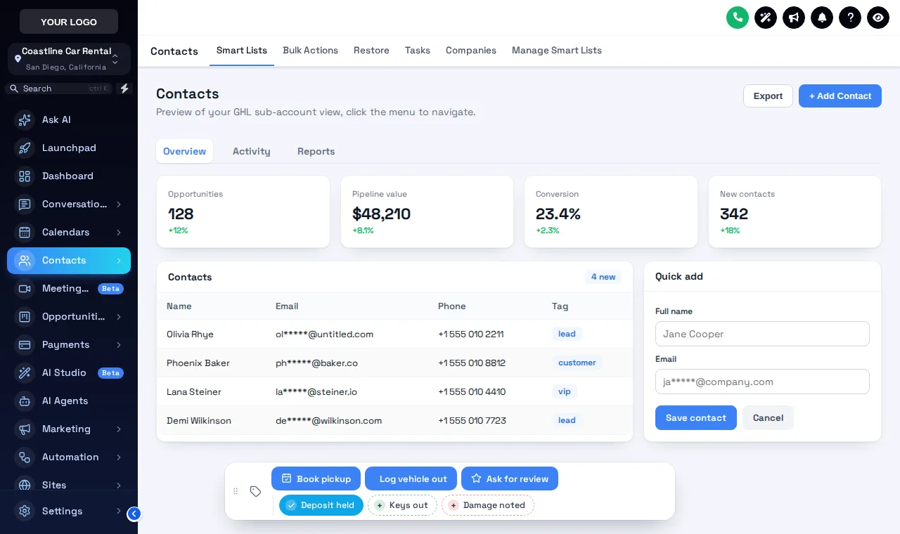 GoHighLevel contact record with a contact actions bar: Book pickup, Log vehicle out and Ask for review buttons plus Deposit held, Keys out and Damage noted quick tags