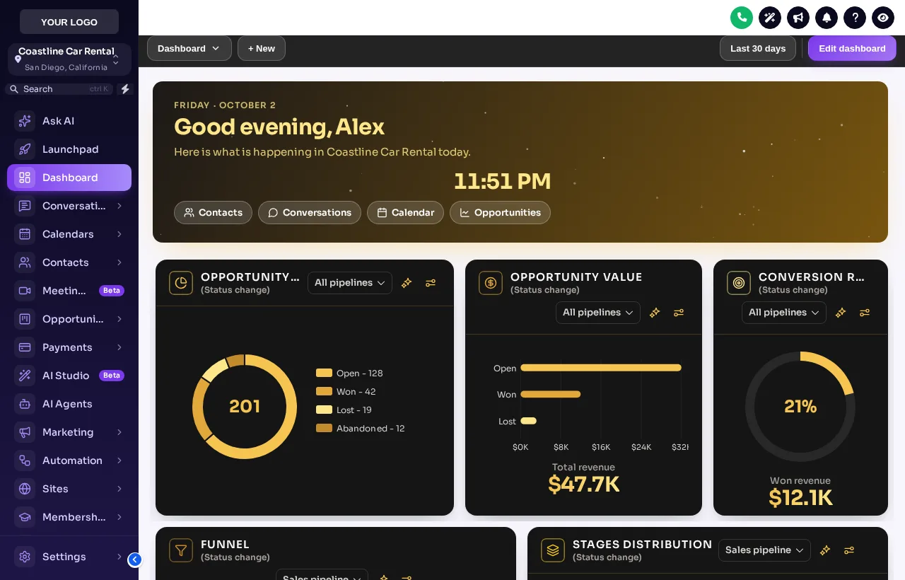GoHighLevel dashboard with the Obsidian Gold design: black welcome banner with gold accents, live clock, star particles and gold chart widgets