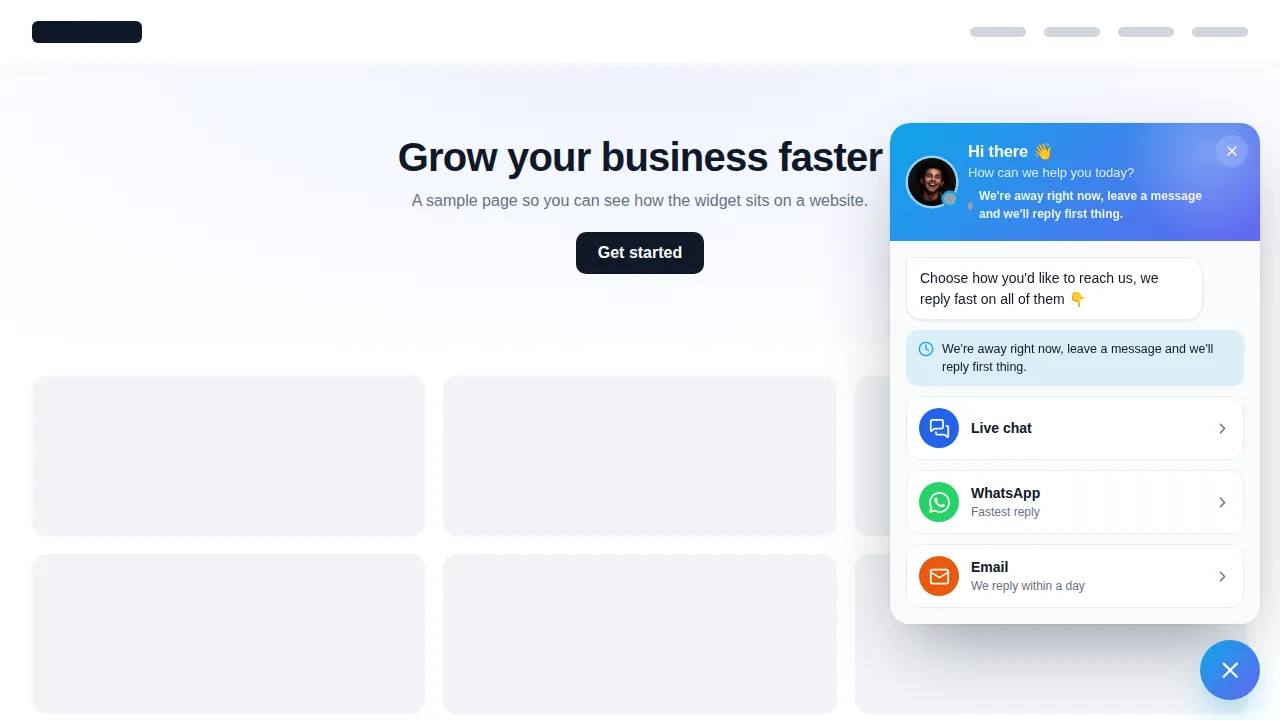 Business hours contact hub open on a website: a greeting from the team, then live chat, WhatsApp and email options