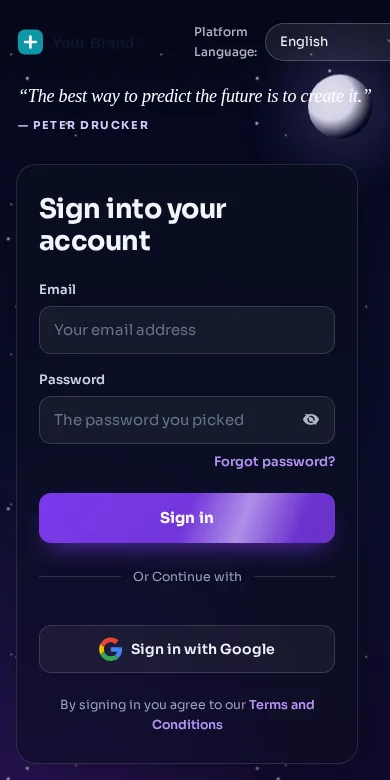 Midnight stars login design on a phone-sized screen