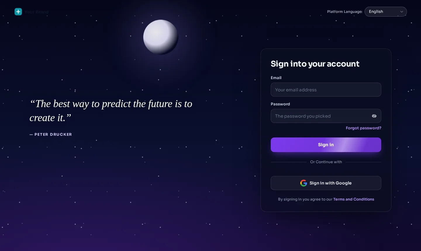 GoHighLevel login page with the Midnight stars design: sign-in card over a twinkling night sky with a glowing moon