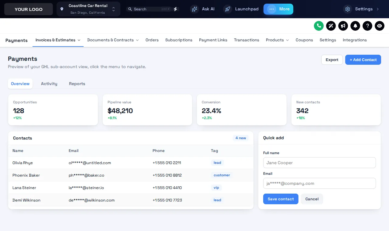 GoHighLevel with the menu moved to a top bar in the Deep Space theme, Payments sub-menu tabs below