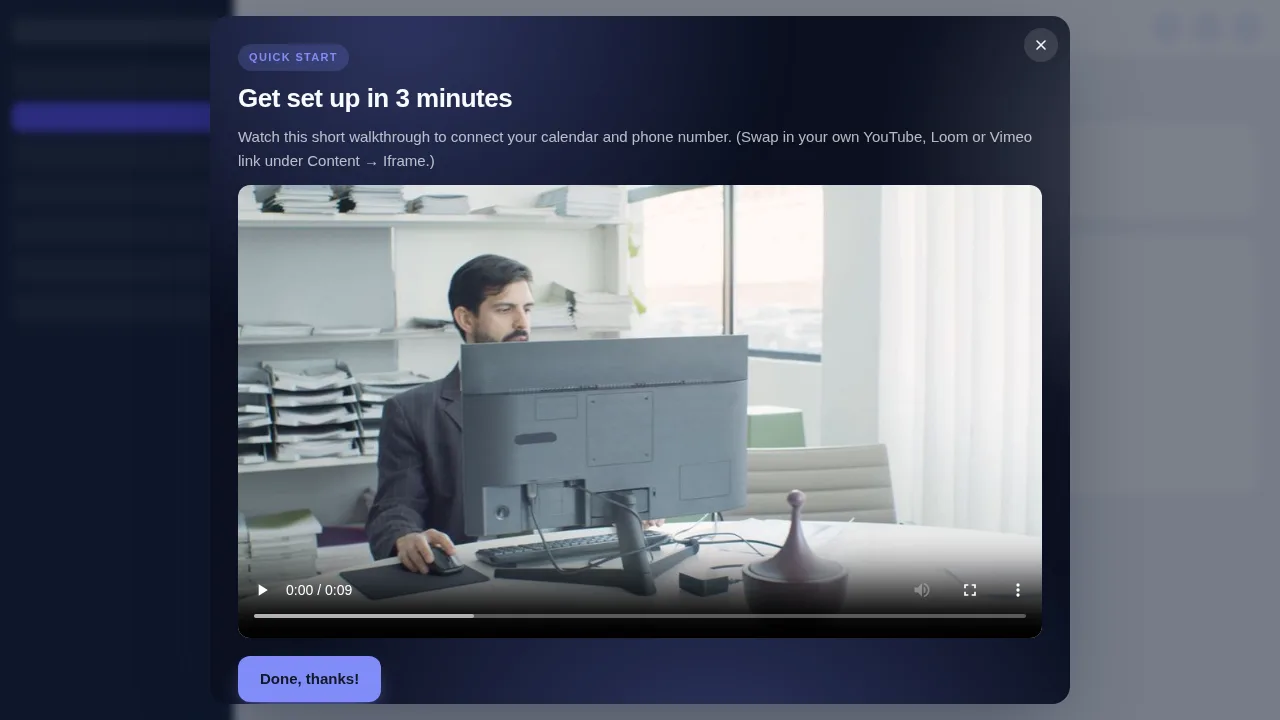 Video tutorial popup inside GoHighLevel over a dimmed dashboard, inviting the team to watch a short walkthrough