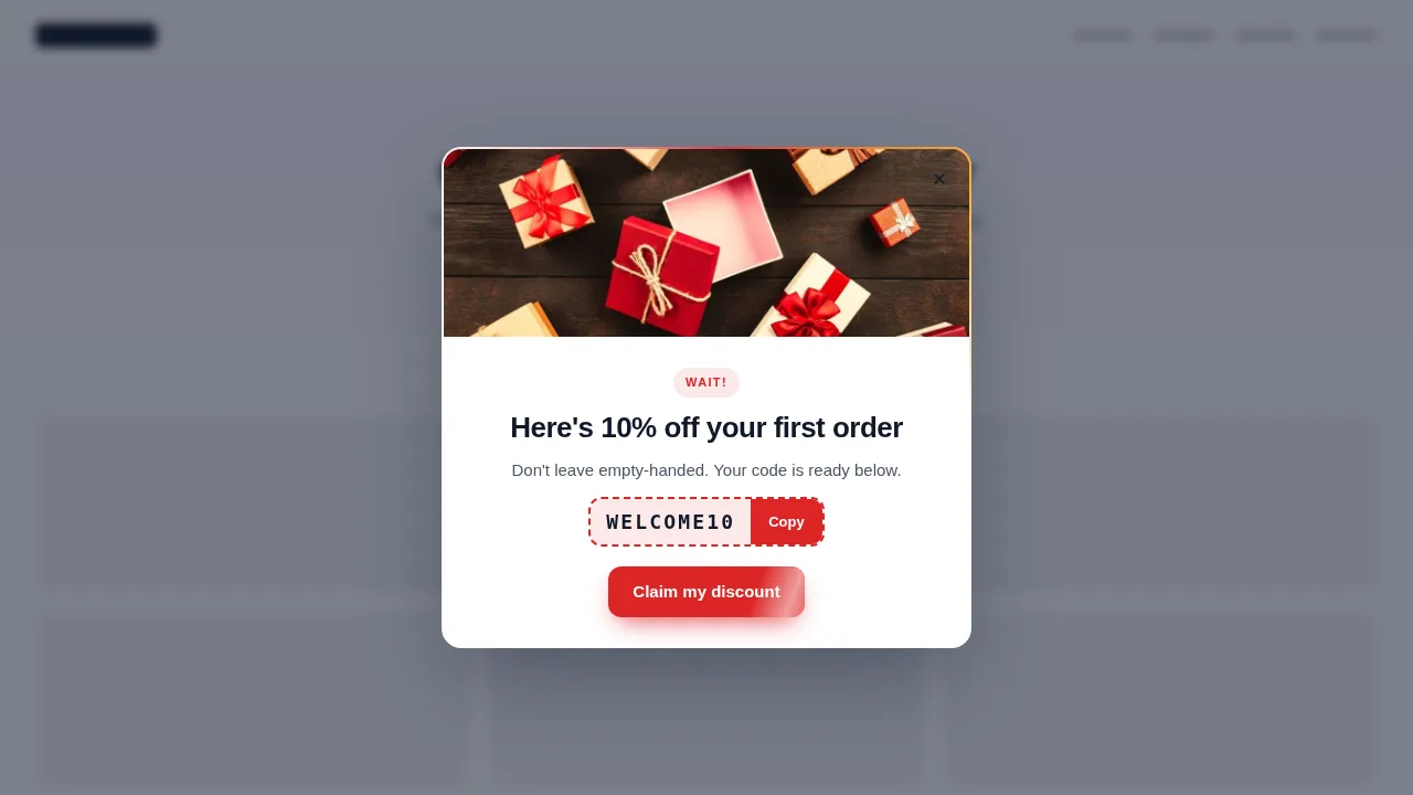 Exit intent popup on a sample website with a copyable discount code
