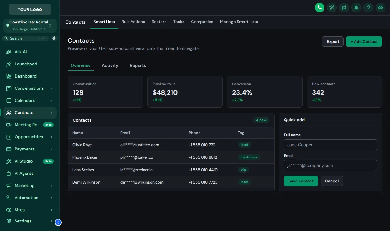 GoHighLevel contacts page in dark mode, Forest Finance theme with the Bordered Flat UI kit