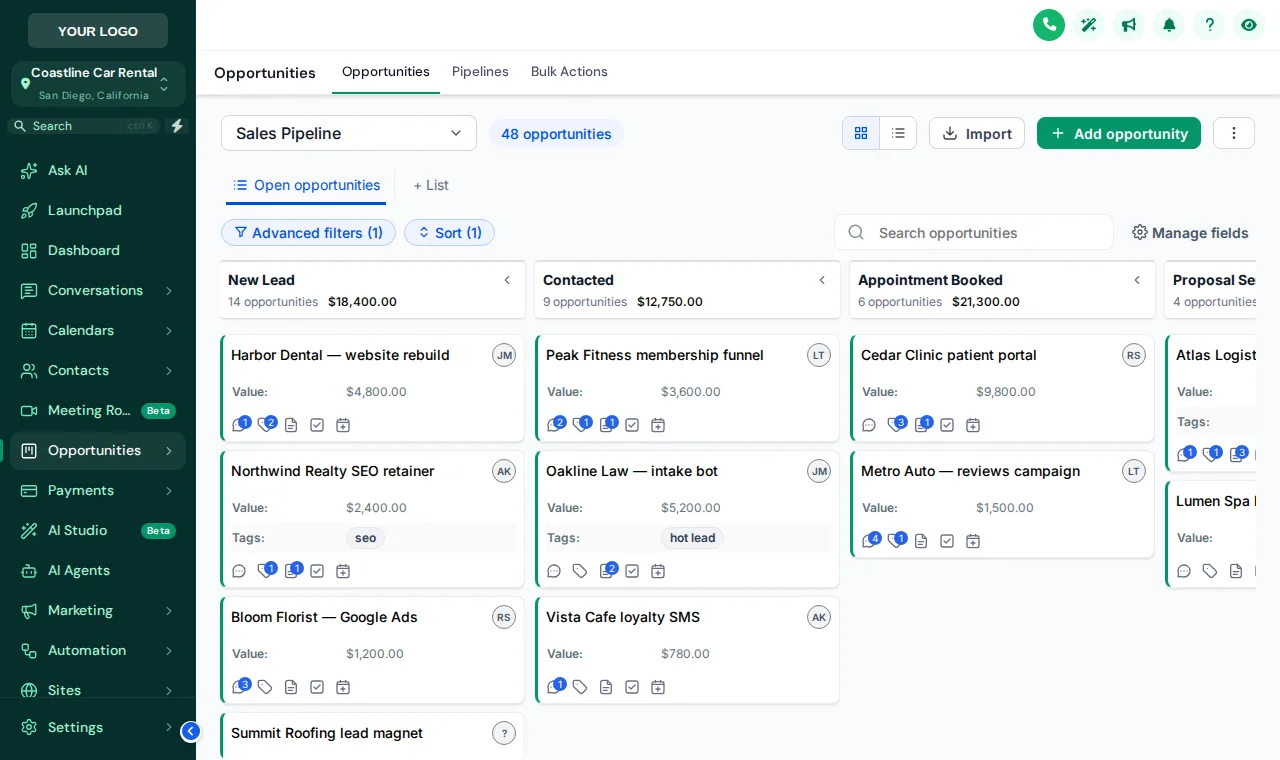 GoHighLevel opportunities page with the Forest Finance theme: deep green sidebar and calm green accents
